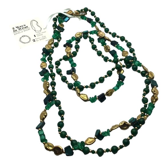 Make A Twist Necklace Two Ways To Wear Green Gold Tone Beaded Boho Style - Picture 2 of 3